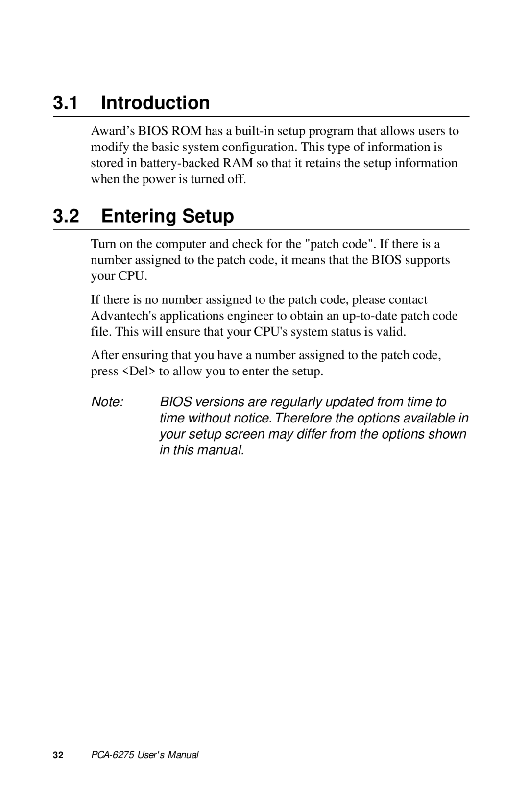 Advantech PCA-6275 manual Introduction, Entering Setup 