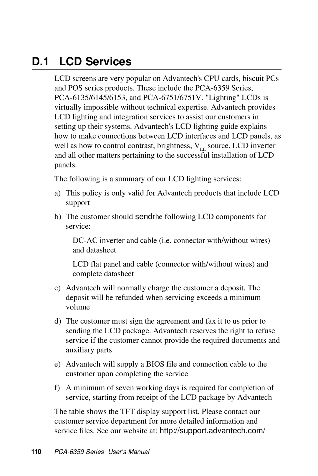 Advantech PCA-6359 user manual LCD Services 