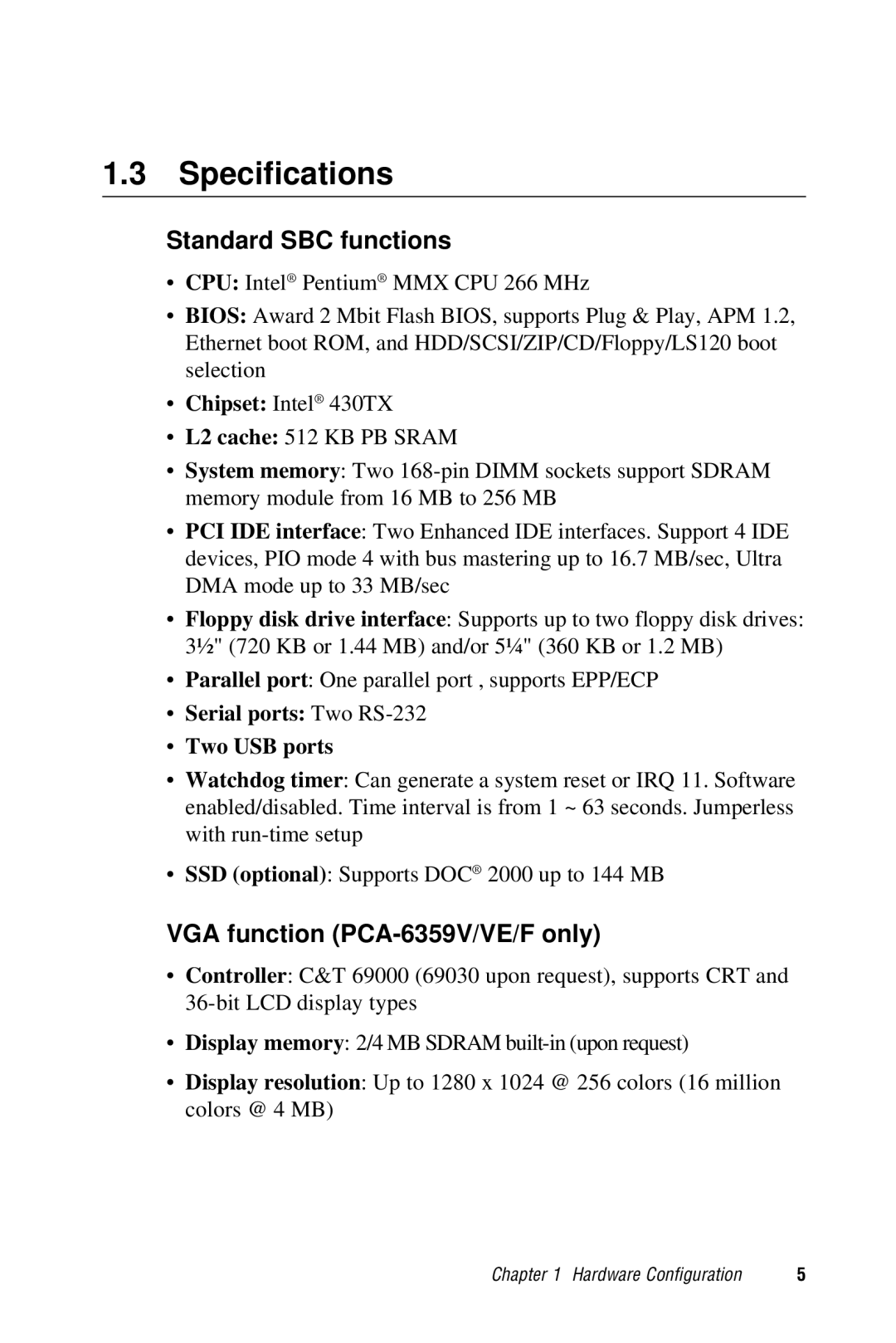 Advantech user manual Specifications, Standard SBC functions, VGA function PCA-6359V/VE/F only 