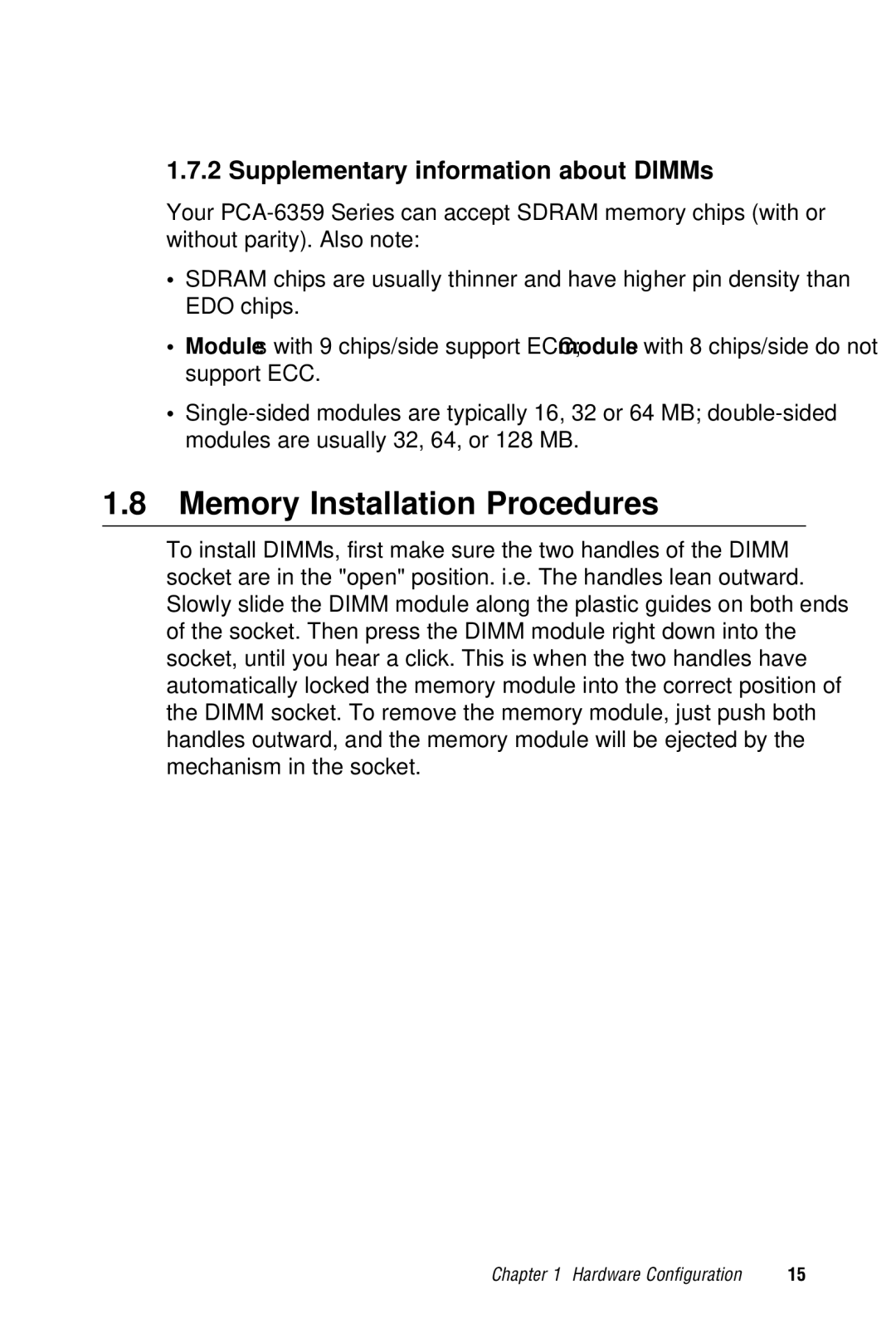 Advantech PCA-6359 user manual Memory Installation Procedures, Supplementary information about DIMMs 