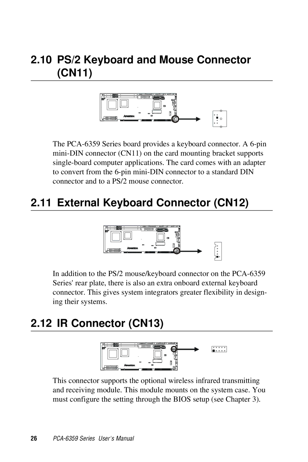 Advantech PCA-6359 10 PS/2 Keyboard and Mouse Connector CN11, External Keyboard Connector CN12, IR Connector CN13 