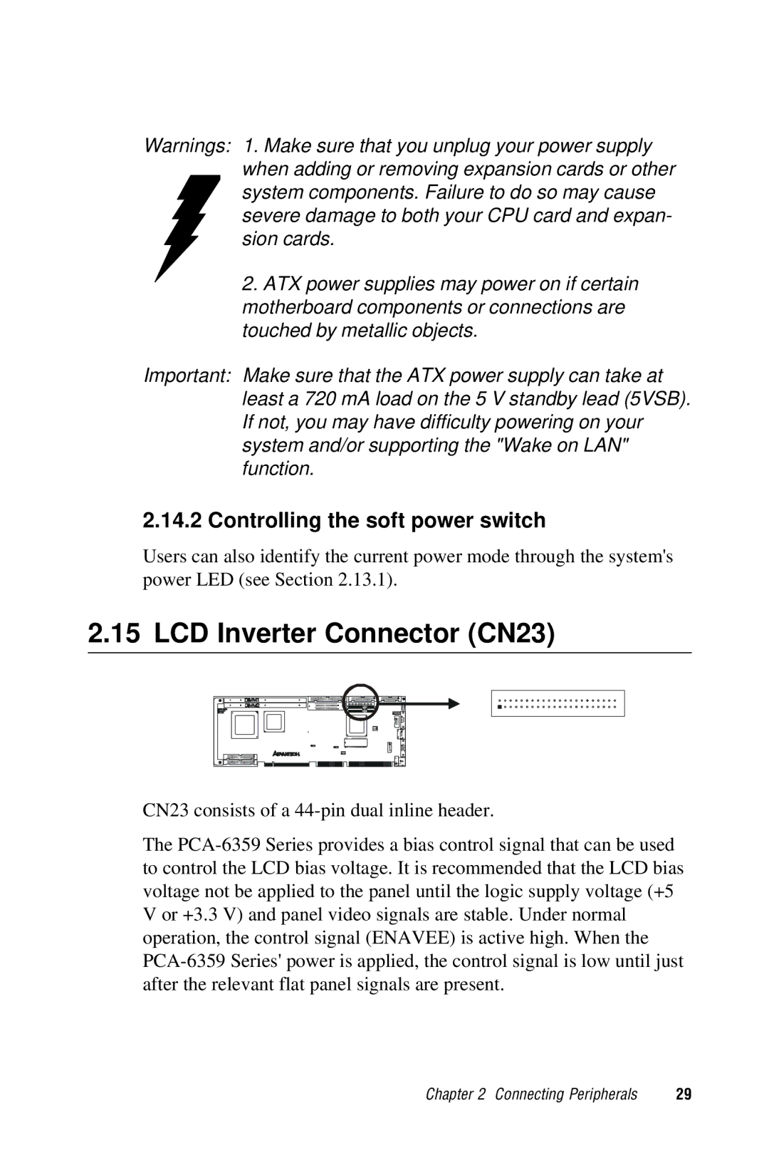 Advantech PCA-6359 user manual LCD Inverter Connector CN23, Controlling the soft power switch 