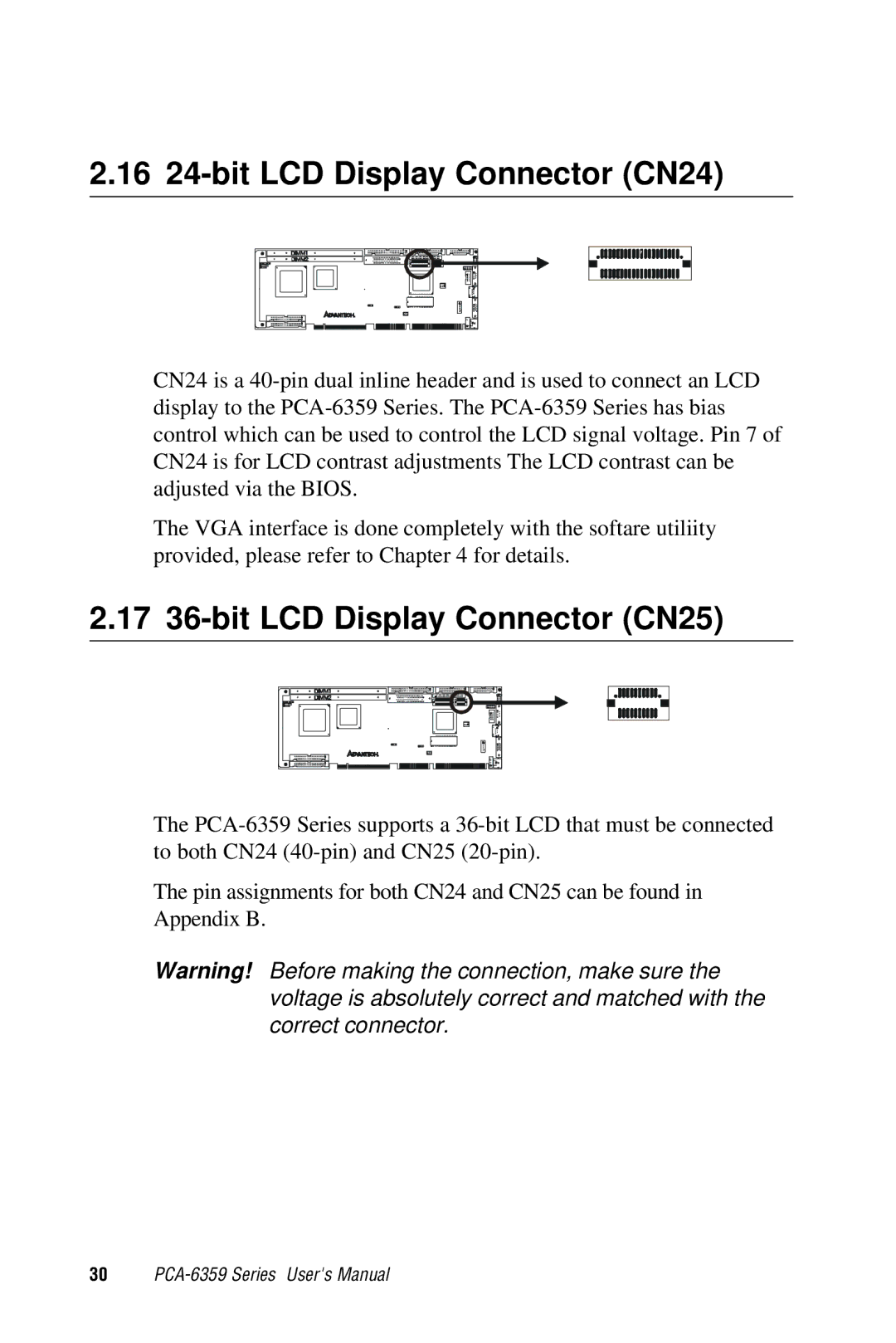 Advantech PCA-6359 user manual 16 24-bit LCD Display Connector CN24, 17 36-bit LCD Display Connector CN25 