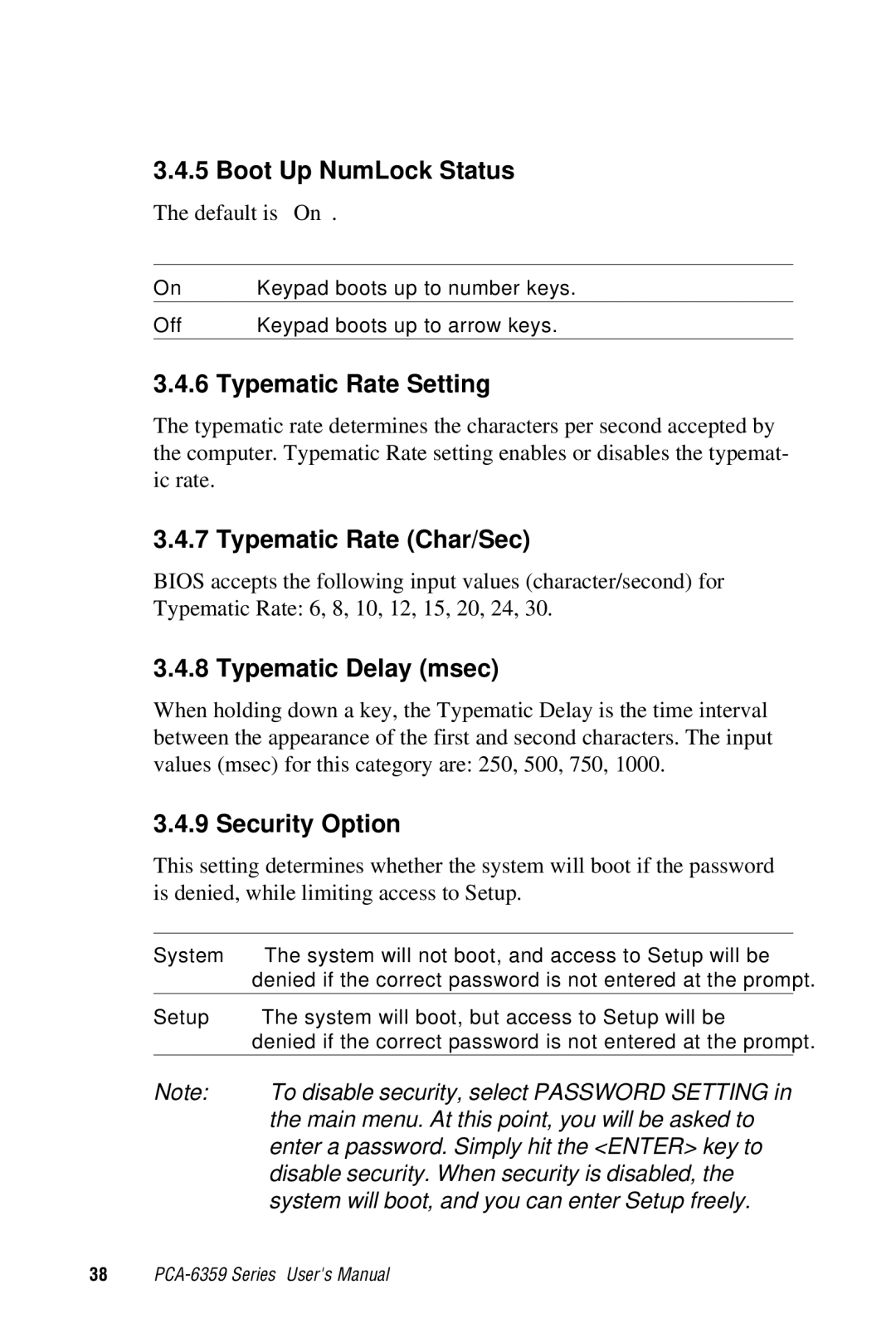 Advantech PCA-6359 Boot Up NumLock Status, Typematic Rate Setting, Typematic Rate Char/Sec, Typematic Delay msec 