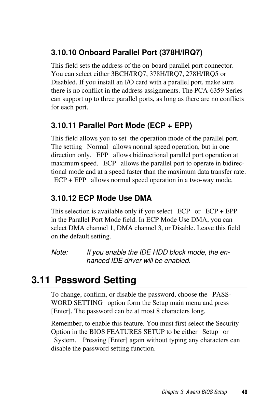 Advantech PCA-6359 Password Setting, Onboard Parallel Port 378H/IRQ7, Parallel Port Mode ECP + EPP, ECP Mode Use DMA 