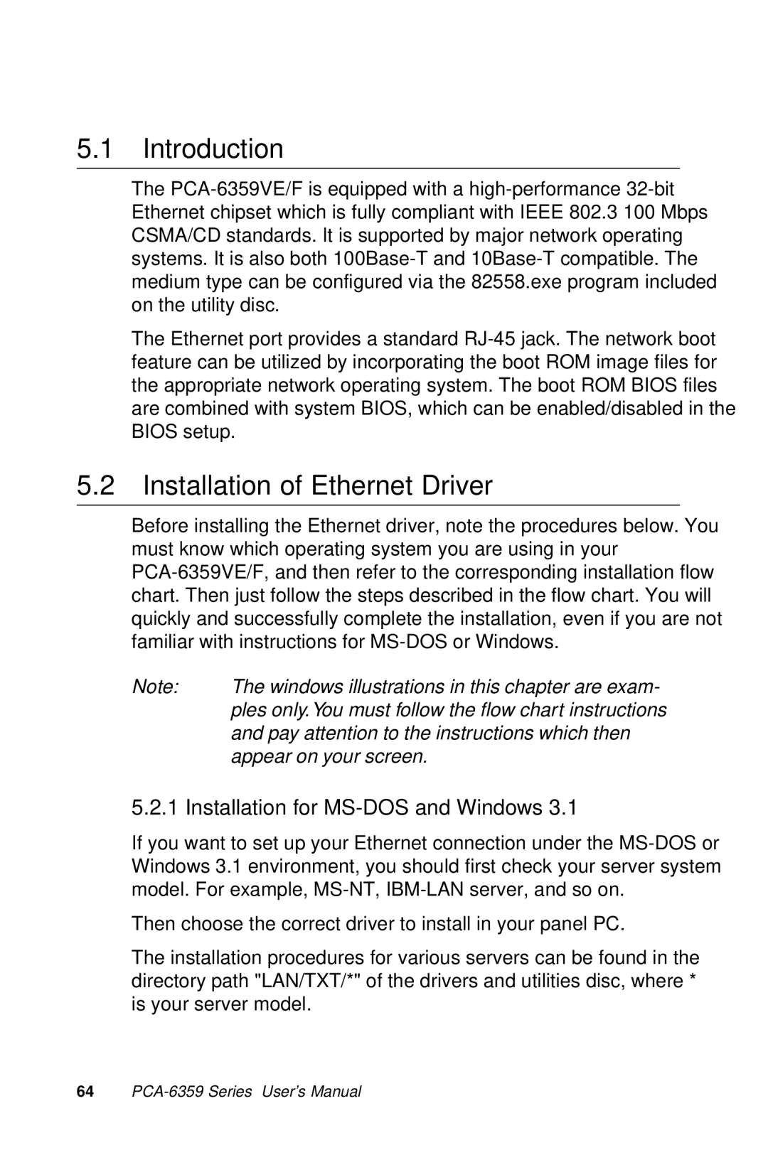 Advantech PCA-6359 user manual Installation of Ethernet Driver, Installation for MS-DOS and Windows 