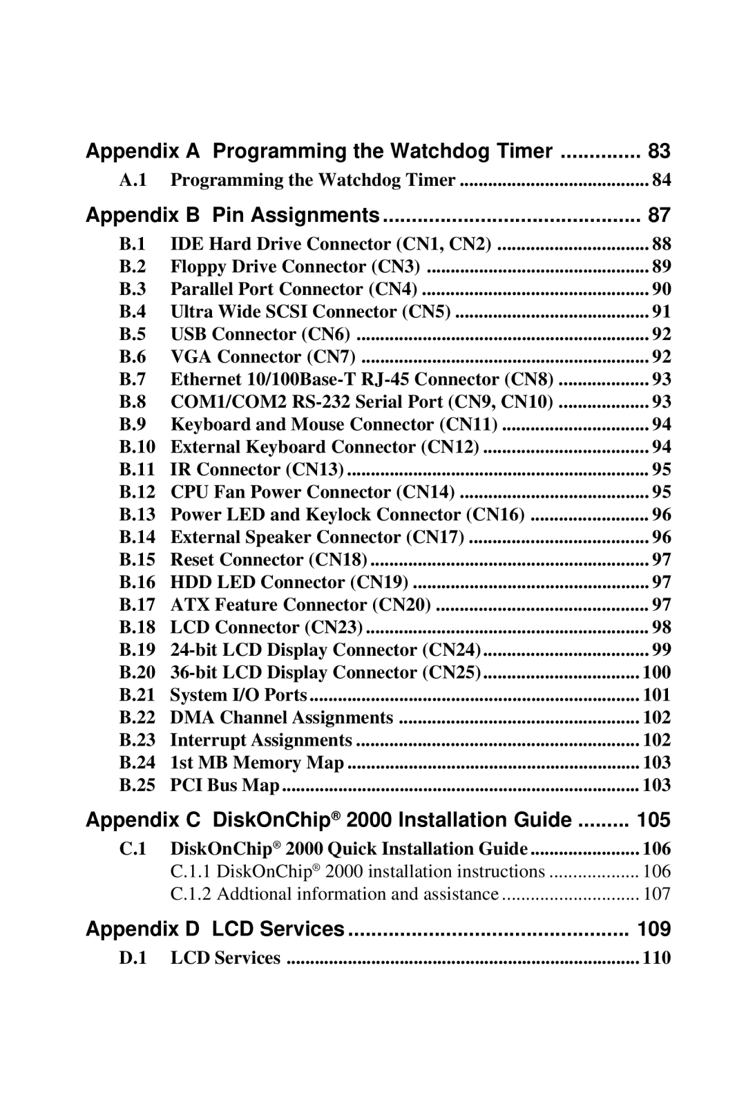 Advantech PCA-6359 Appendix a Programming the Watchdog Timer, Appendix B Pin Assignments, Appendix D LCD Services 109 