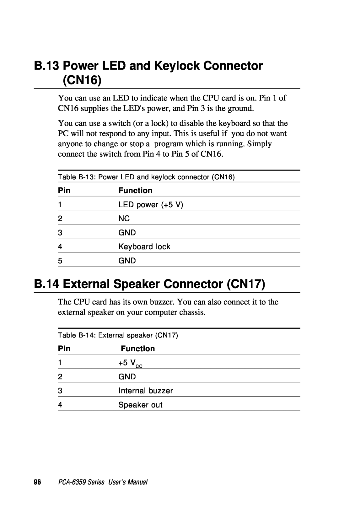 Advantech PCA-6359 user manual B.13 Power LED and Keylock Connector CN16, B.14 External Speaker Connector CN17 