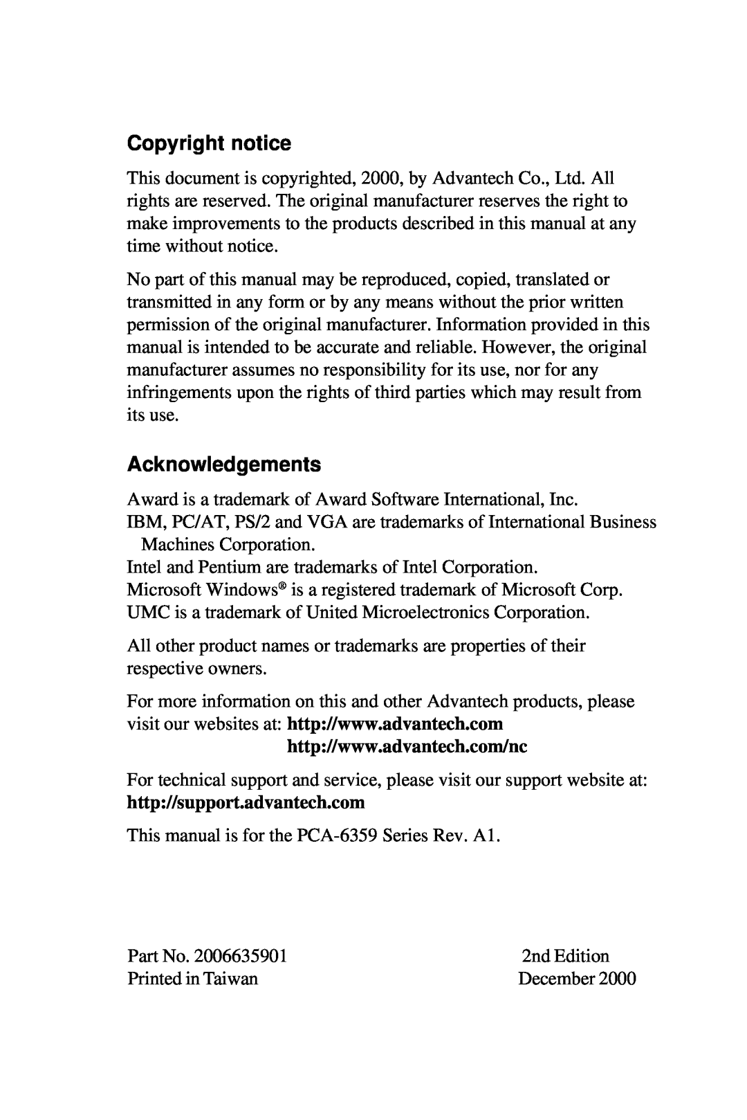 Advantech PCA-6359 user manual Copyright notice, Acknowledgements, http//support.advantech.com 