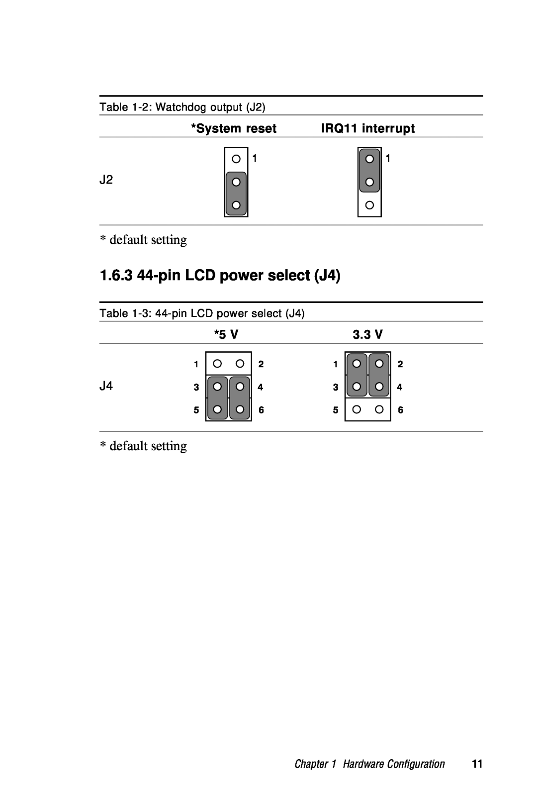 Advantech PCA-6359 user manual 1.6.3 44-pin LCD power select J4, System reset, IRQ11 interrupt, Hardware Configuration 
