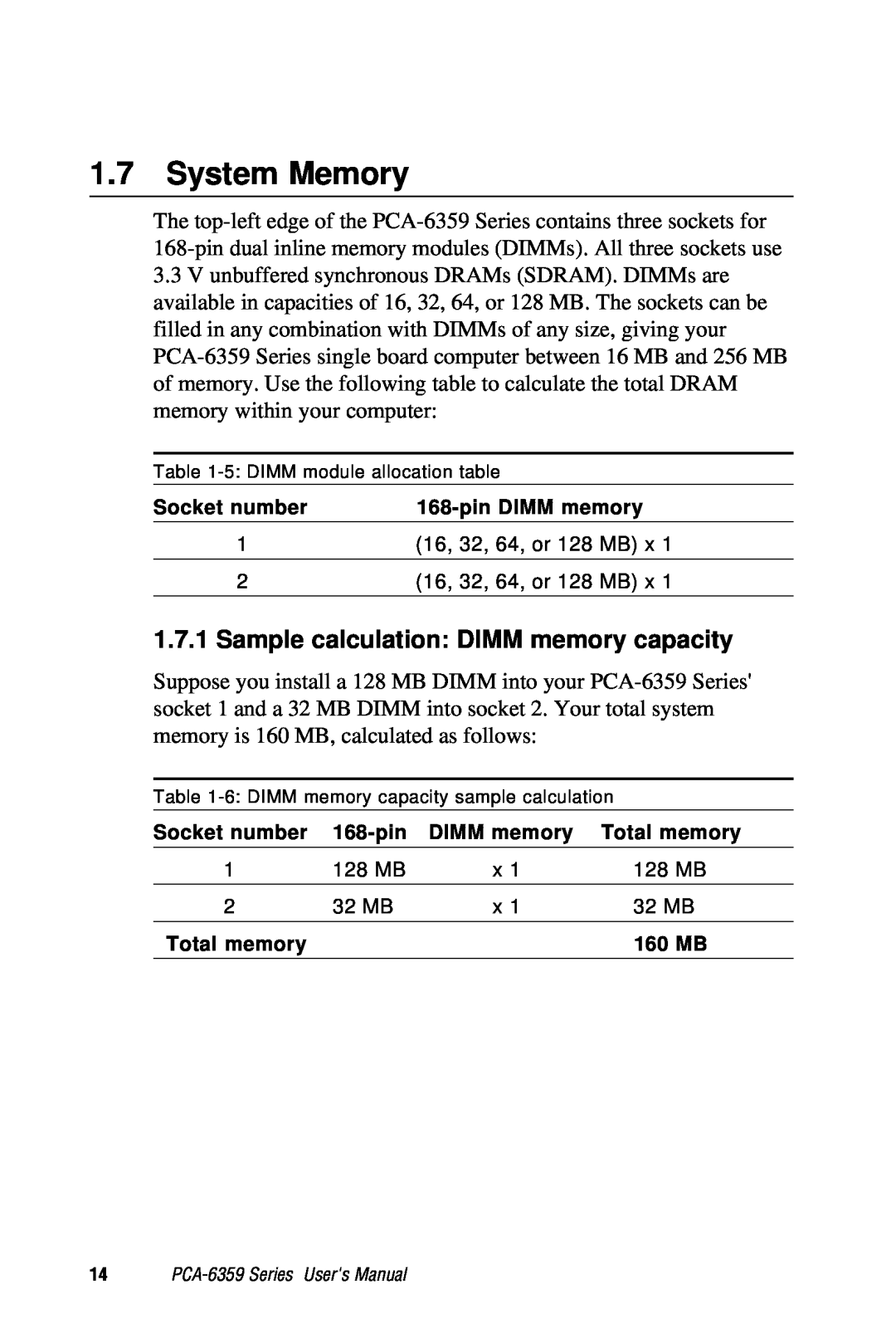 Advantech PCA-6359 user manual System Memory, Sample calculation DIMM memory capacity 