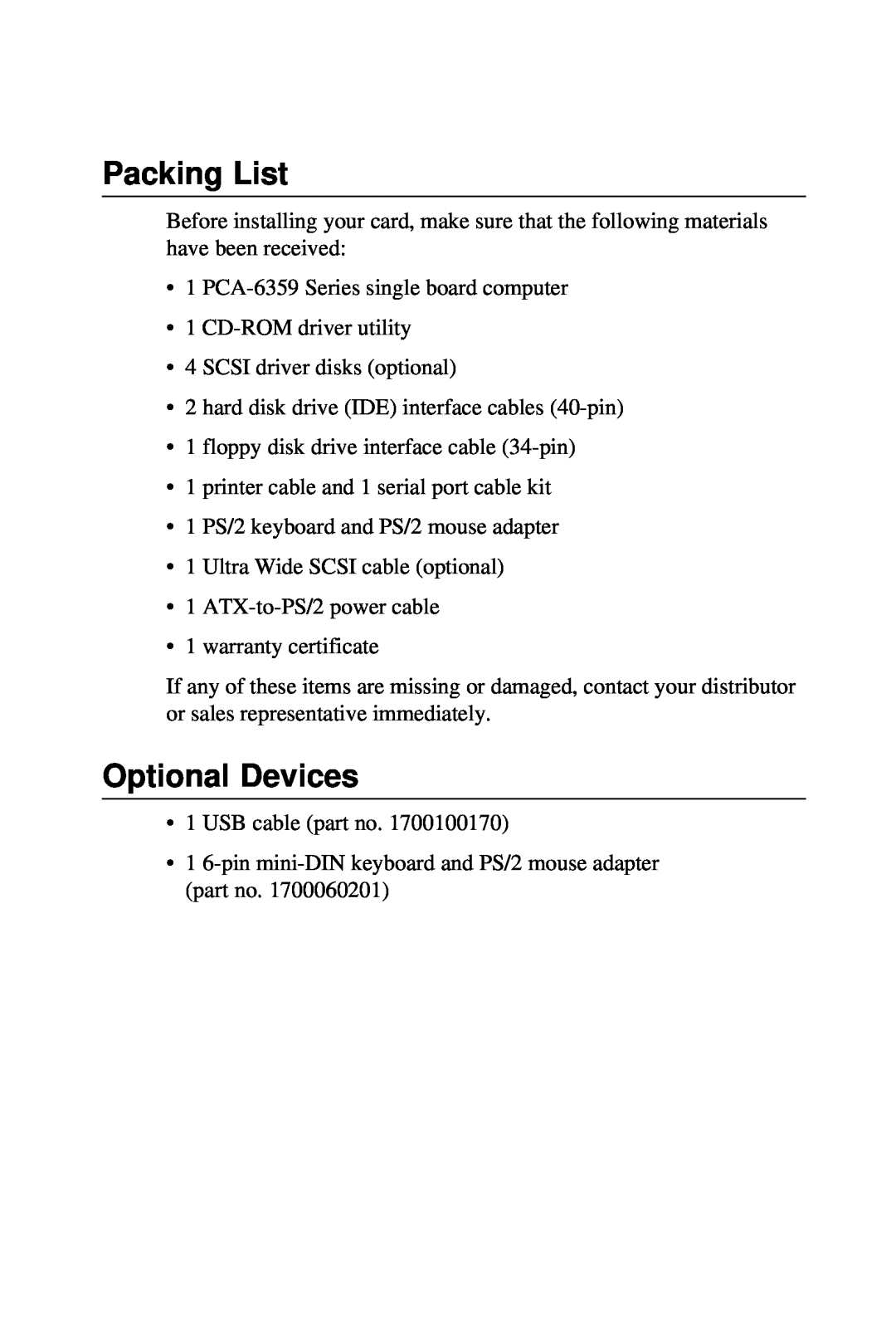 Advantech PCA-6359 user manual Packing List, Optional Devices 
