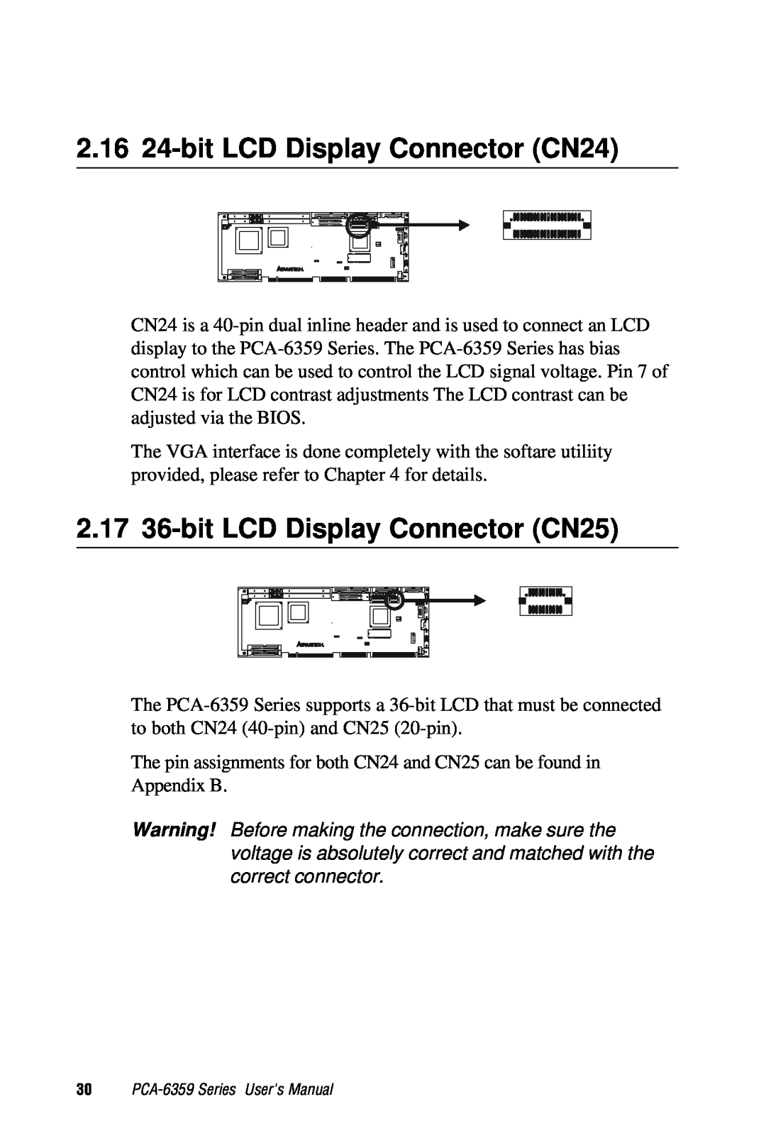 Advantech PCA-6359 user manual 2.16 24-bit LCD Display Connector CN24, 2.17 36-bit LCD Display Connector CN25 