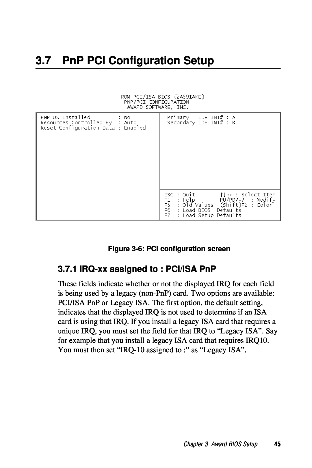 Advantech PCA-6359 user manual PnP PCI Configuration Setup, IRQ-xx assigned to PCI/ISA PnP 