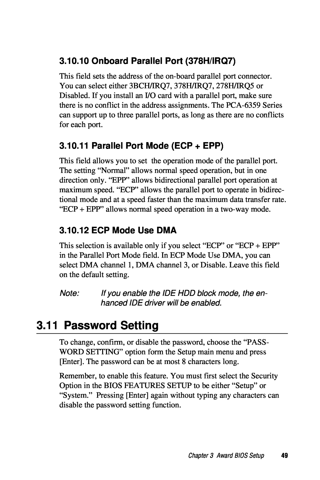 Advantech PCA-6359 Password Setting, Onboard Parallel Port 378H/IRQ7, Parallel Port Mode ECP + EPP, ECP Mode Use DMA 