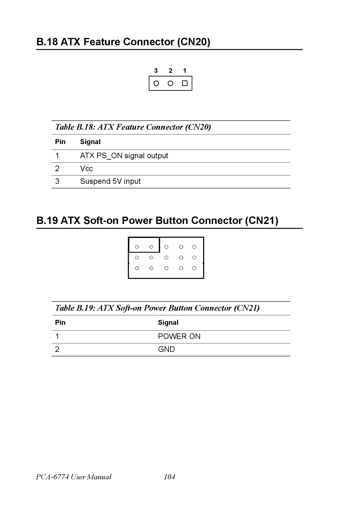 Advantech PCA-6774 user manual ATX Feature Connector CN20, ATX Soft-on Power Button Connector CN21 