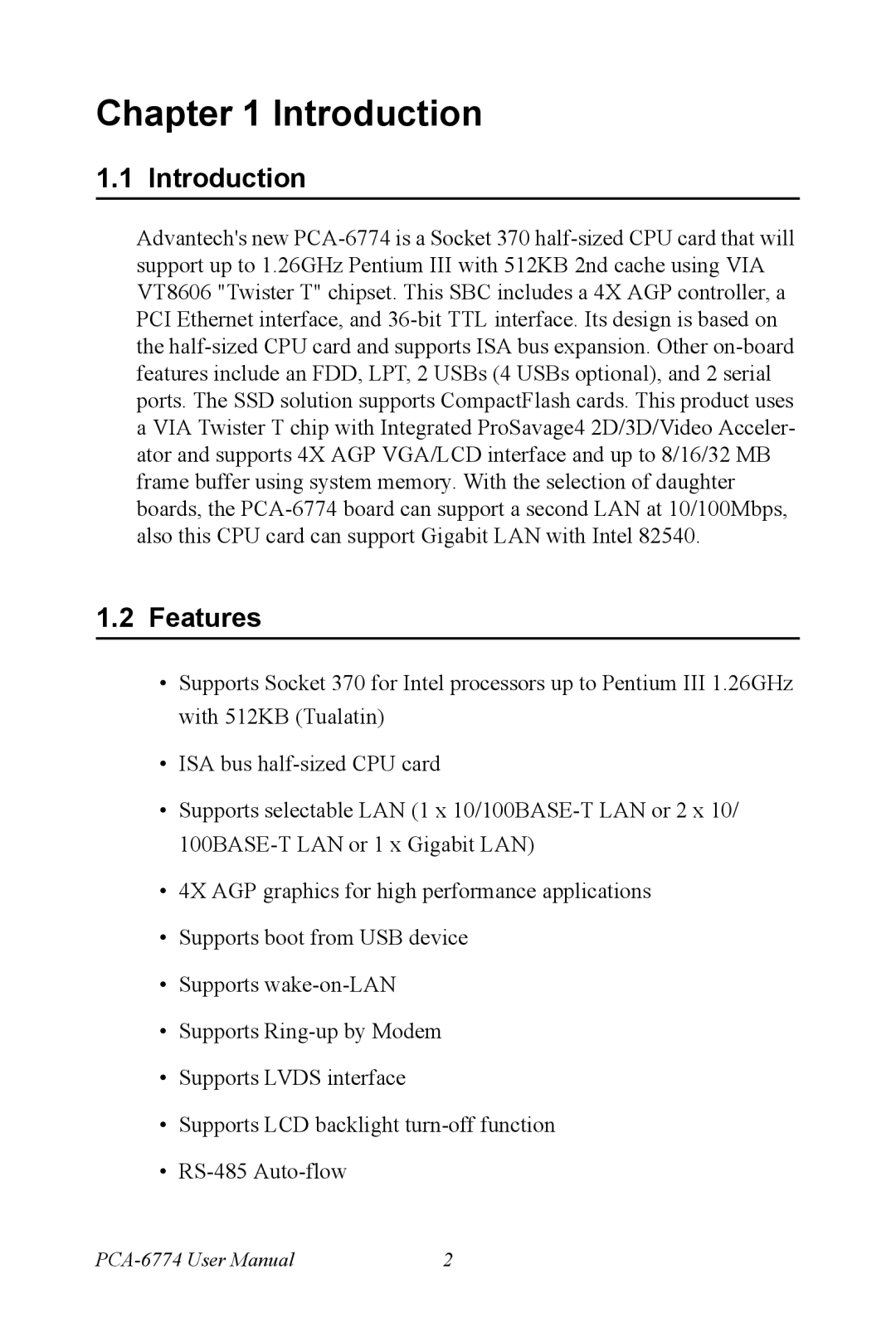 Advantech PCA-6774 user manual Introduction, Features 