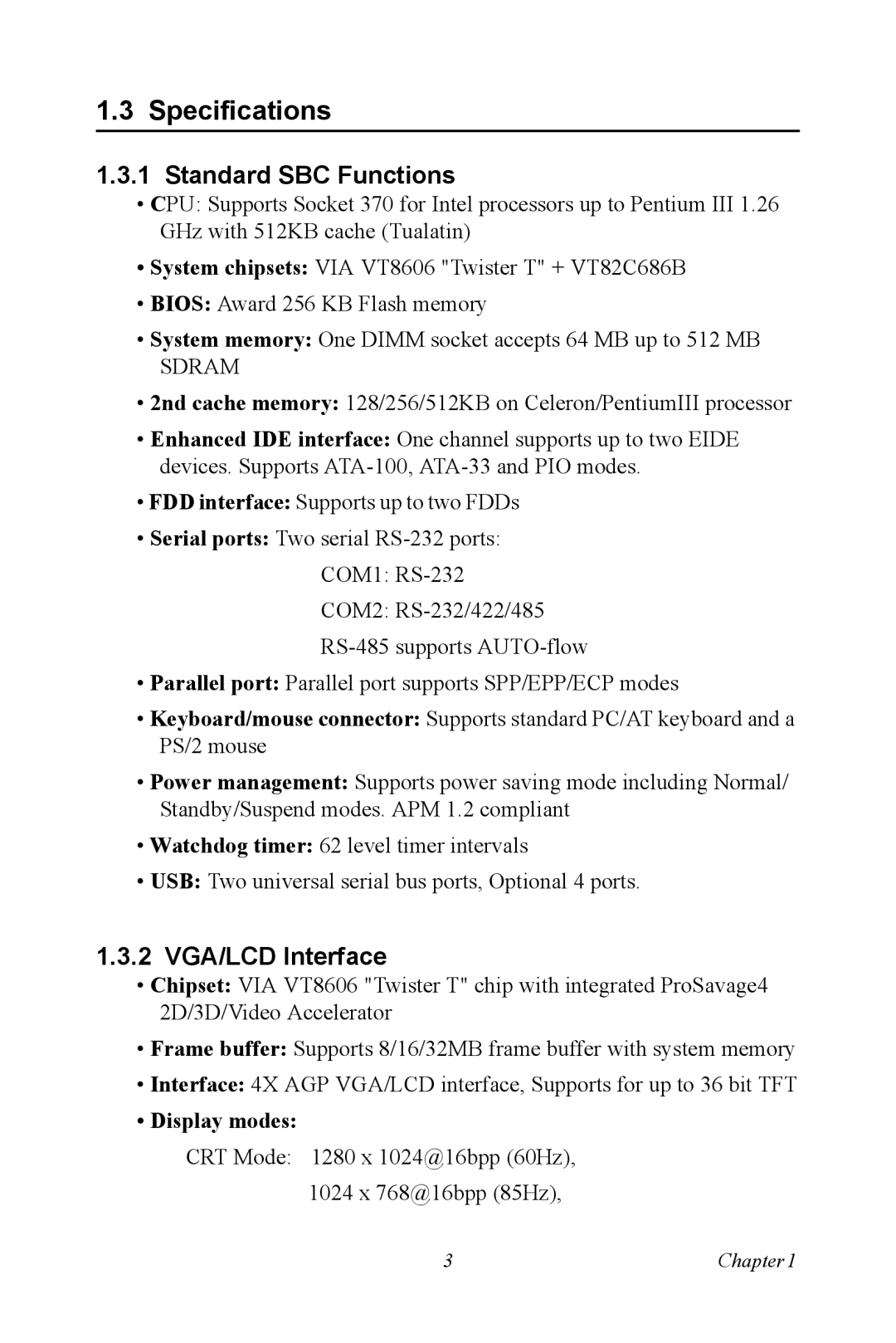 Advantech PCA-6774 user manual Specifications, Standard SBC Functions, 2 VGA/LCD Interface 