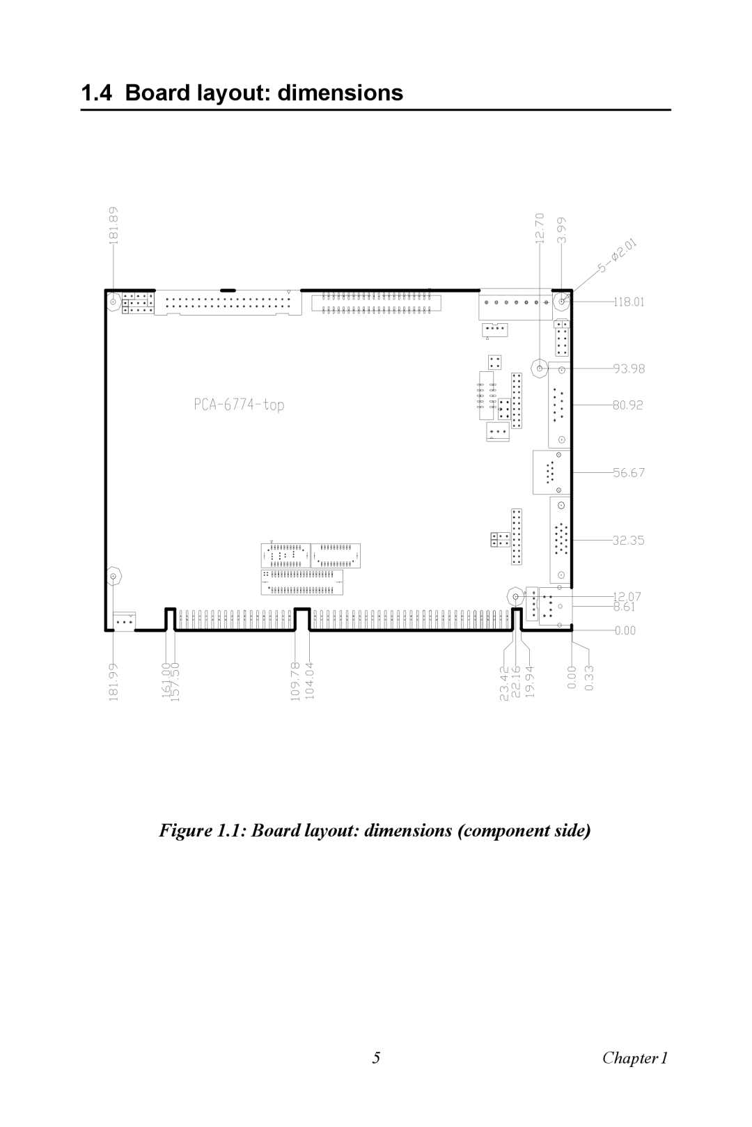 Advantech PCA-6774 user manual Board layout dimensions component side 