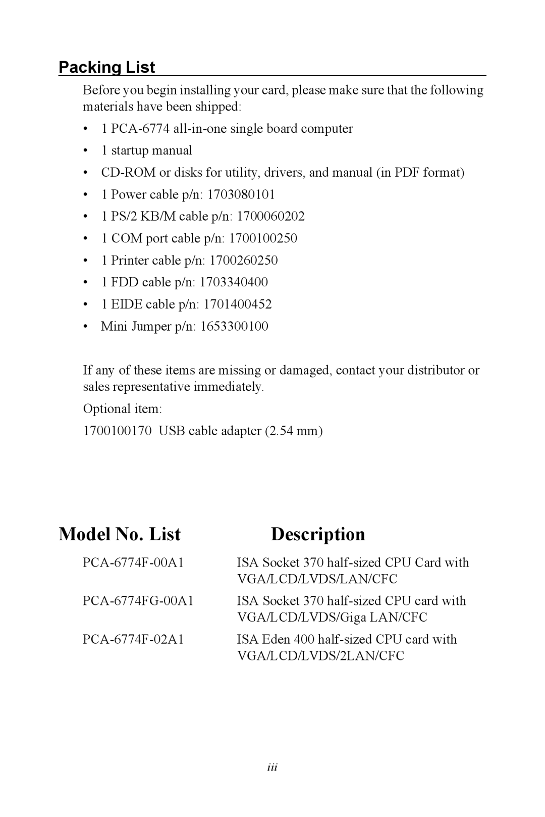 Advantech PCA-6774 user manual Model No. List Description, Packing List 