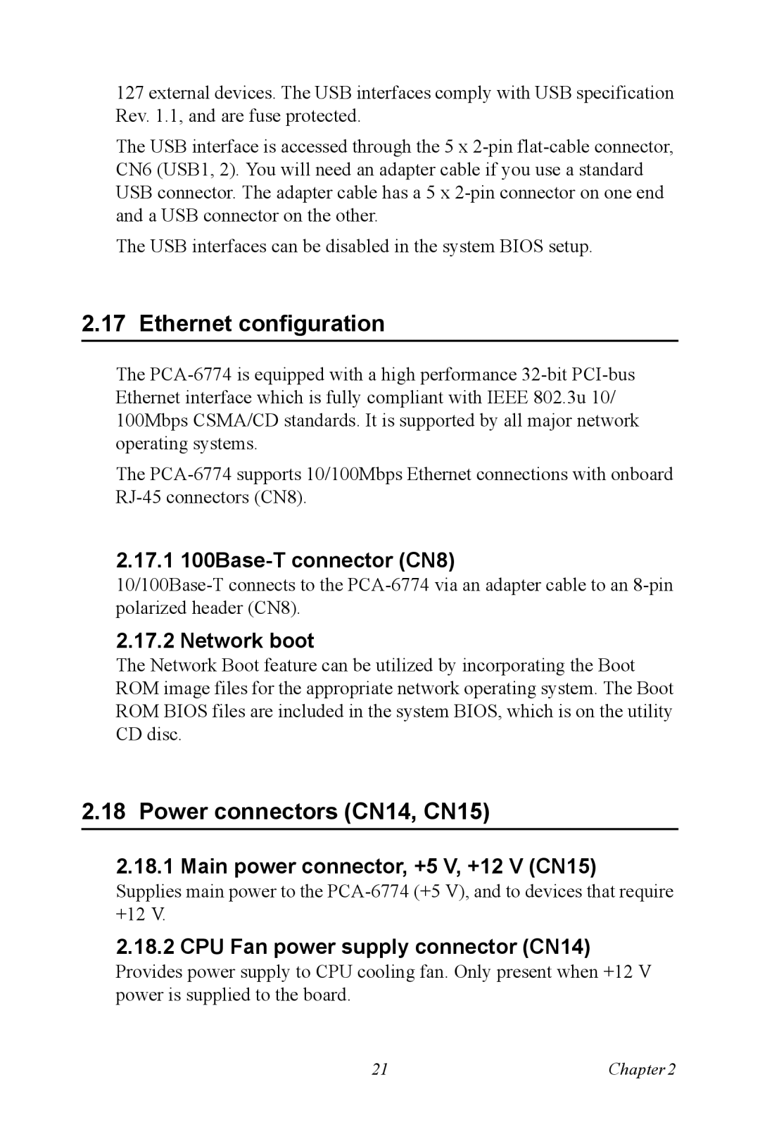 Advantech PCA-6774 user manual Ethernet configuration, Power connectors CN14, CN15 