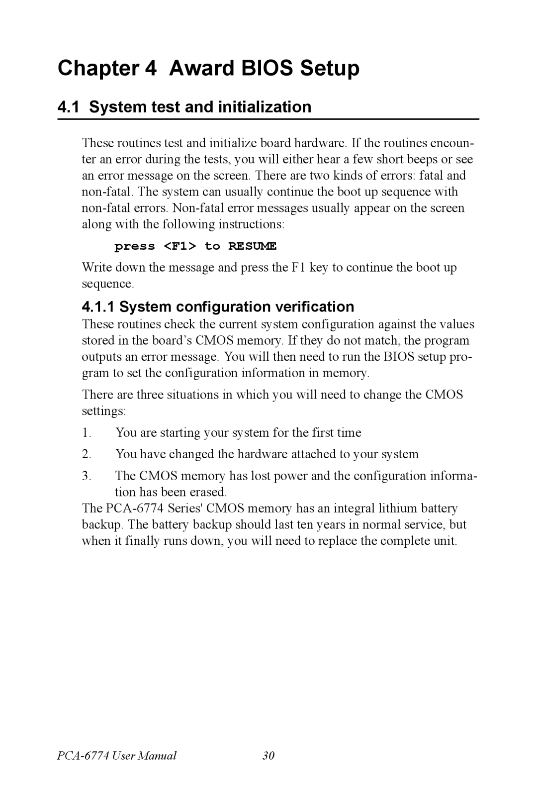 Advantech PCA-6774 user manual System test and initialization, System configuration verification 