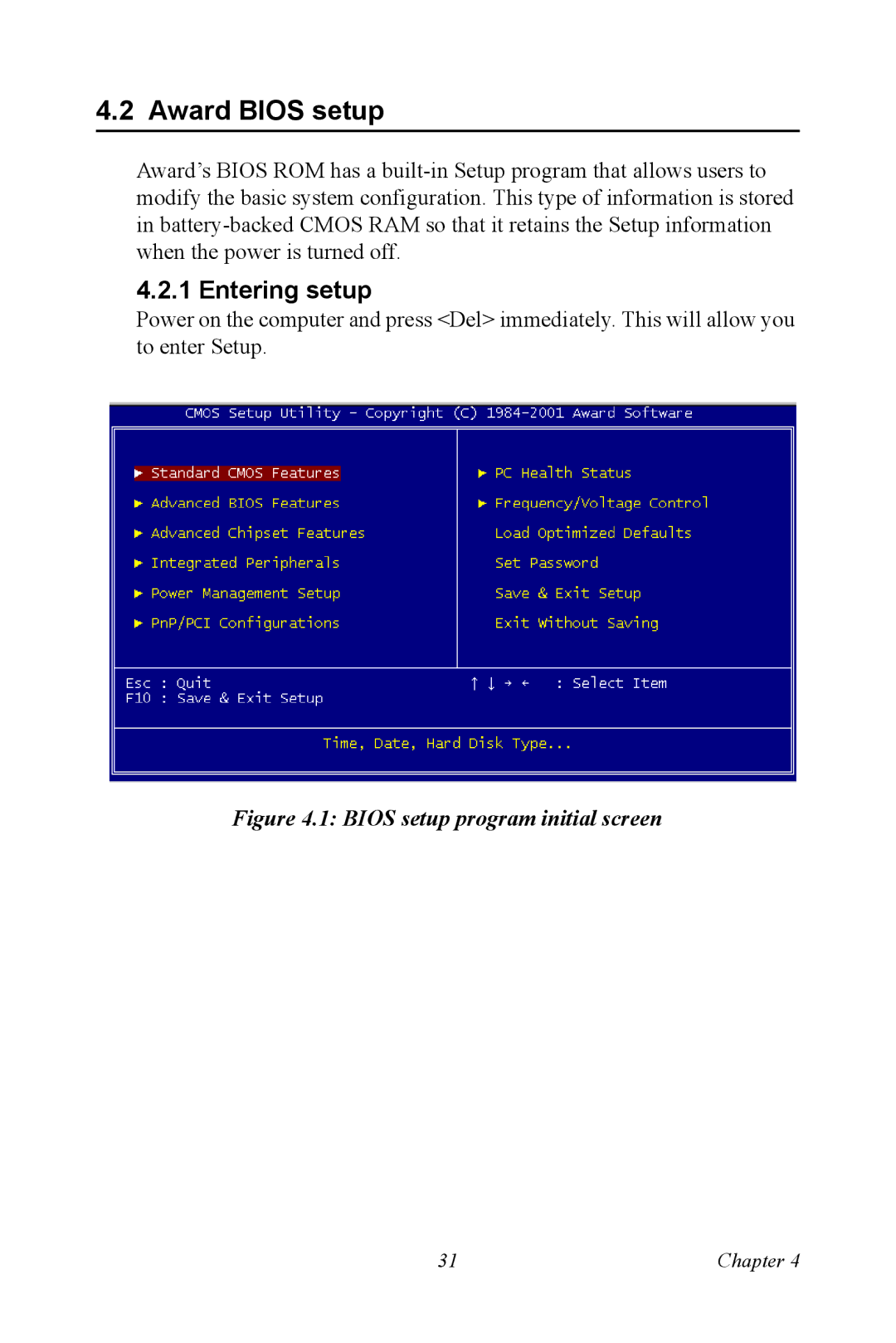 Advantech PCA-6774 user manual Award Bios setup, Entering setup 