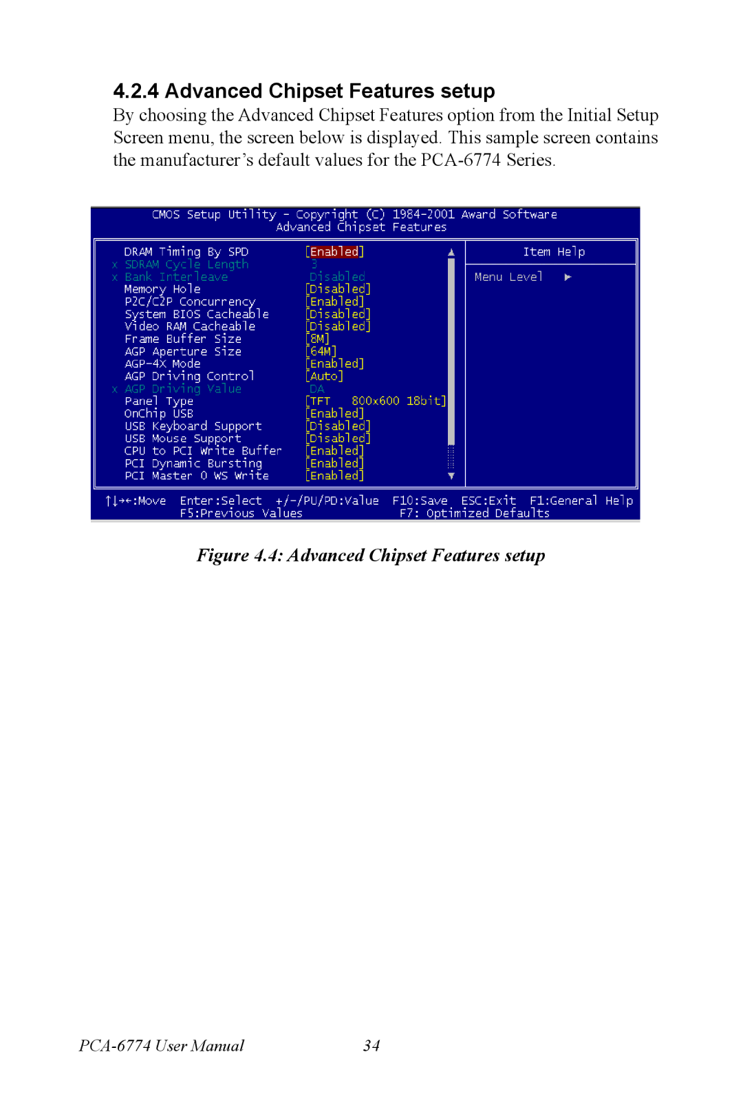 Advantech PCA-6774 user manual Advanced Chipset Features setup 