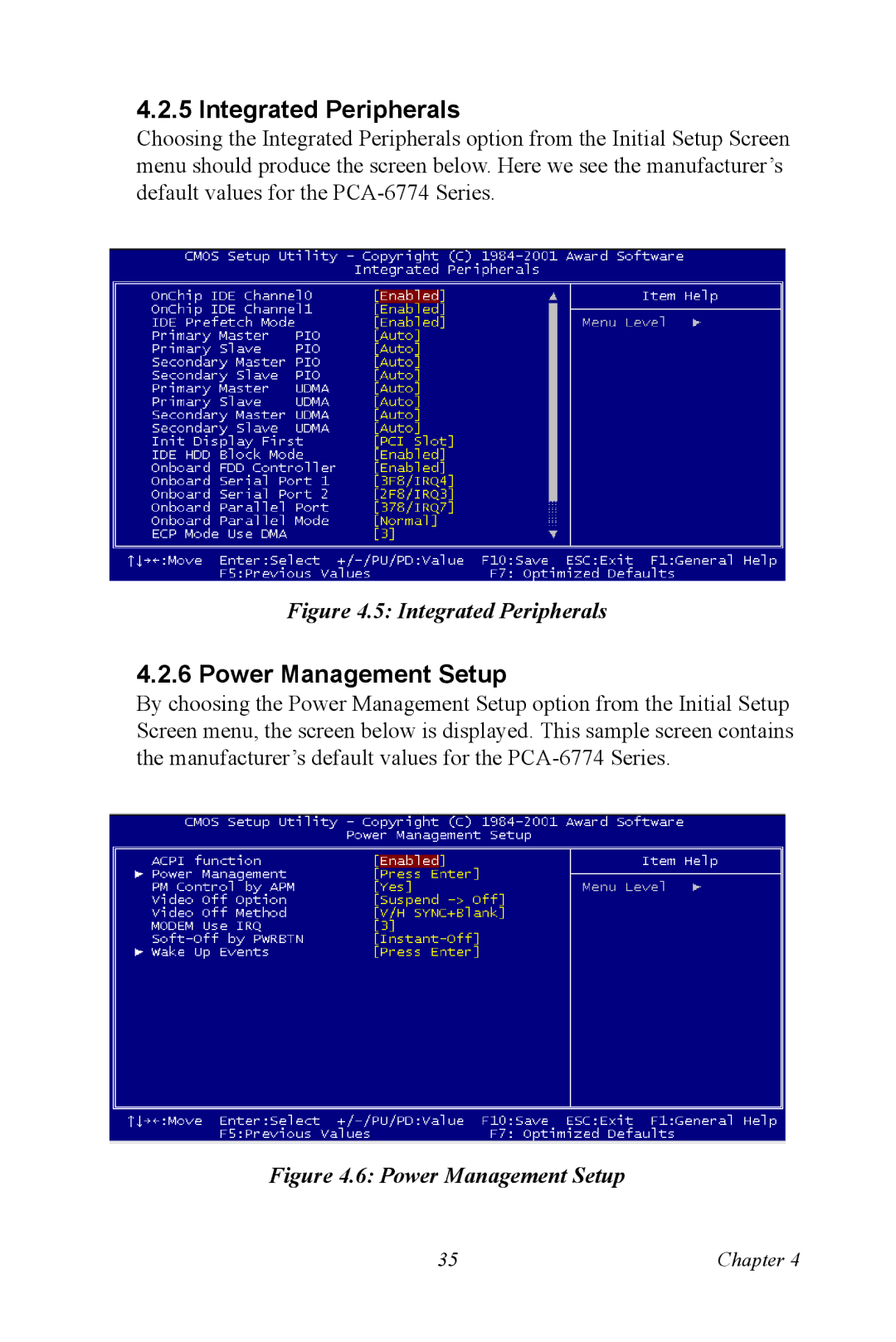 Advantech PCA-6774 user manual Integrated Peripherals, Power Management Setup 