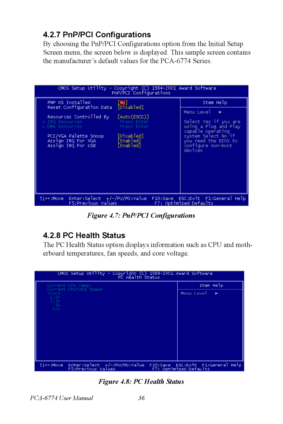 Advantech PCA-6774 user manual 7 PnP/PCI Configurations, PC Health Status 