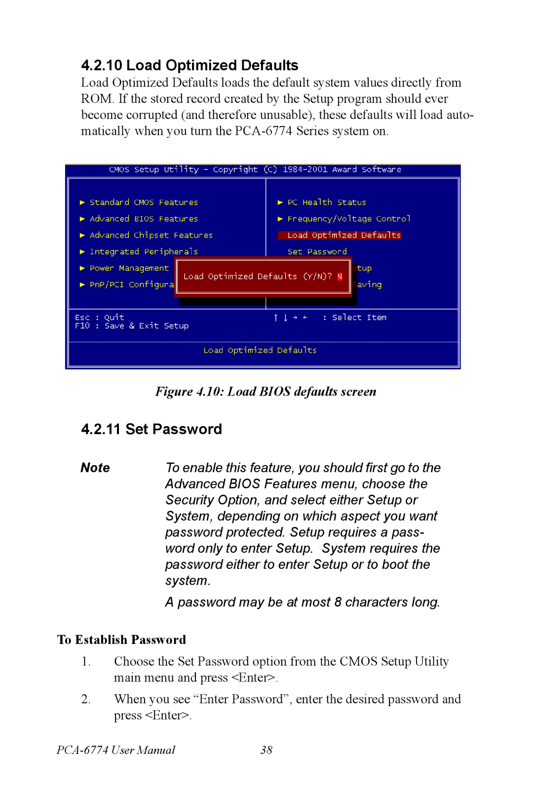 Advantech PCA-6774 user manual Load Optimized Defaults, Set Password 