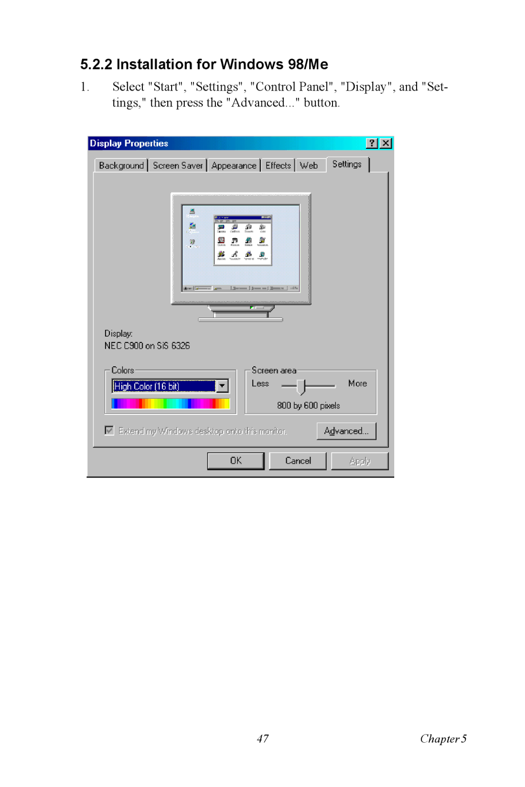 Advantech PCA-6774 user manual Installation for Windows 98/Me 