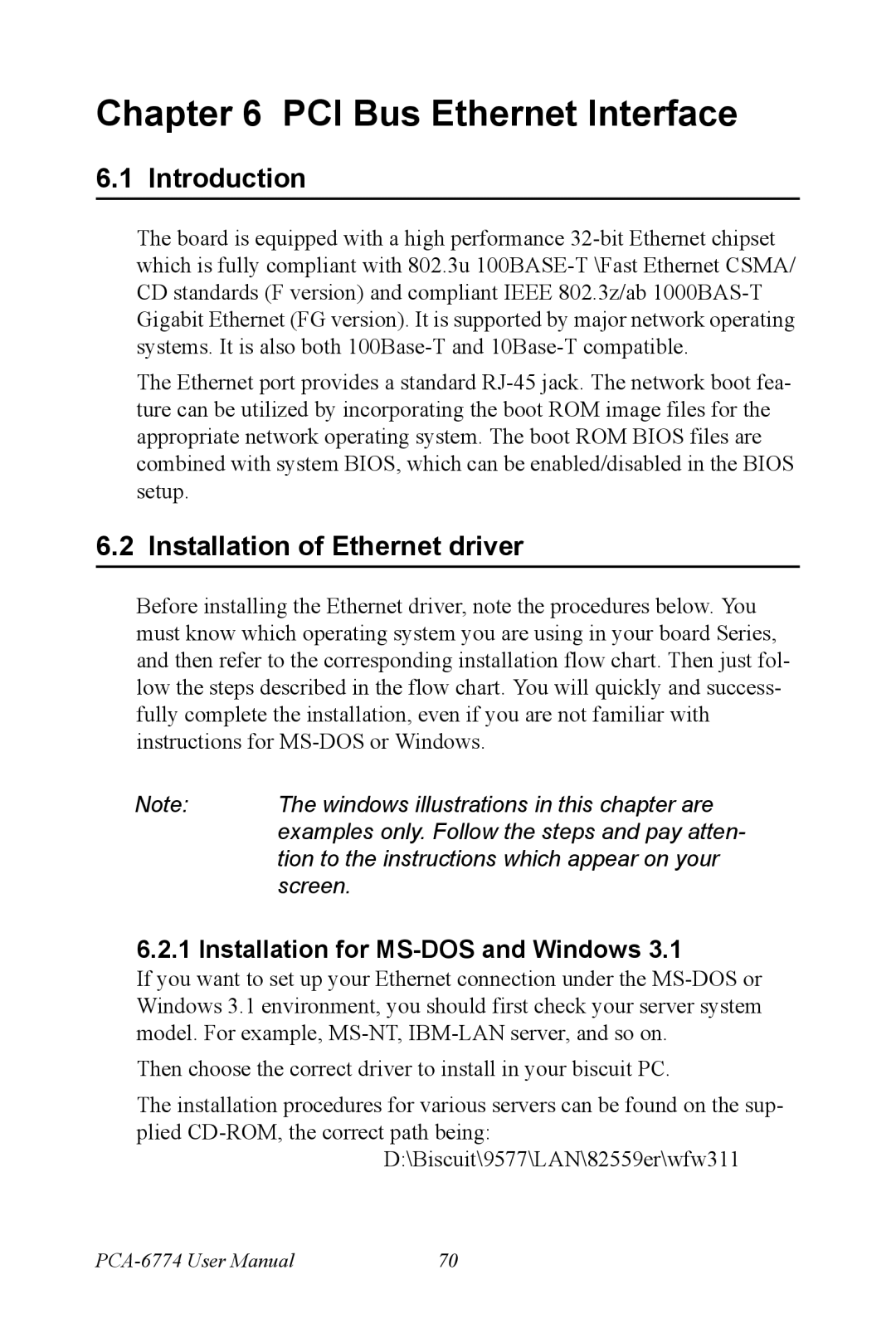 Advantech PCA-6774 PCI Bus Ethernet Interface, Installation of Ethernet driver, Installation for MS-DOS and Windows 