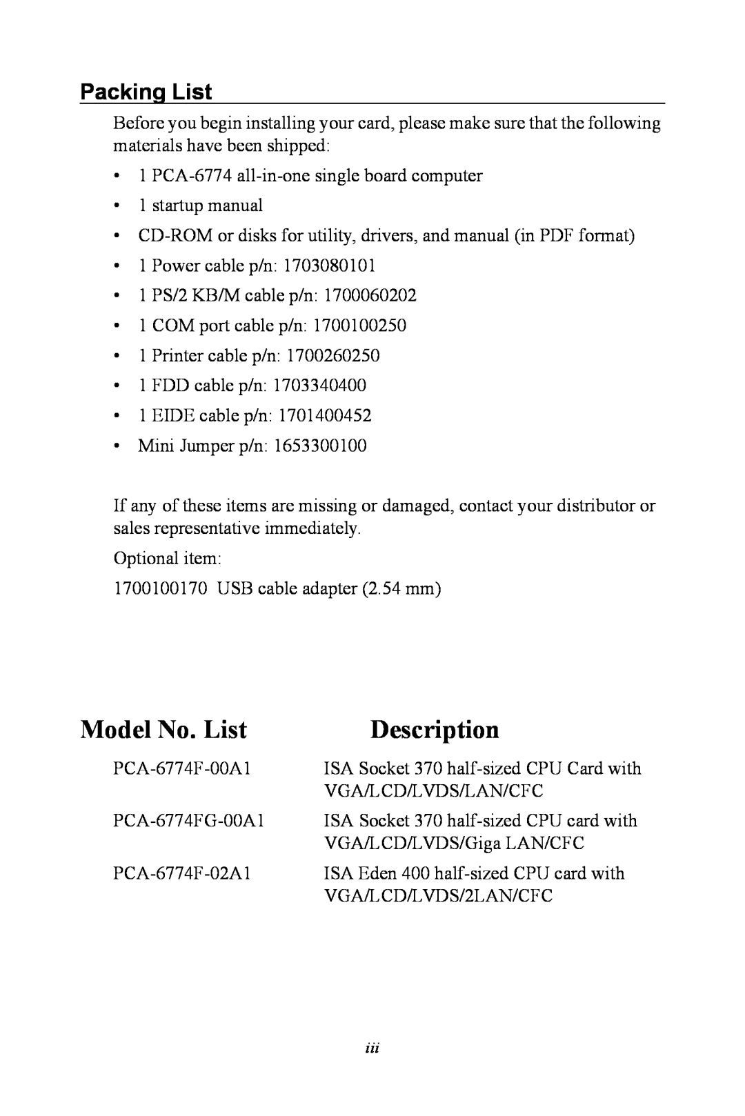 Advantech PCA-6774 user manual Packing List, Model No. List, Description 