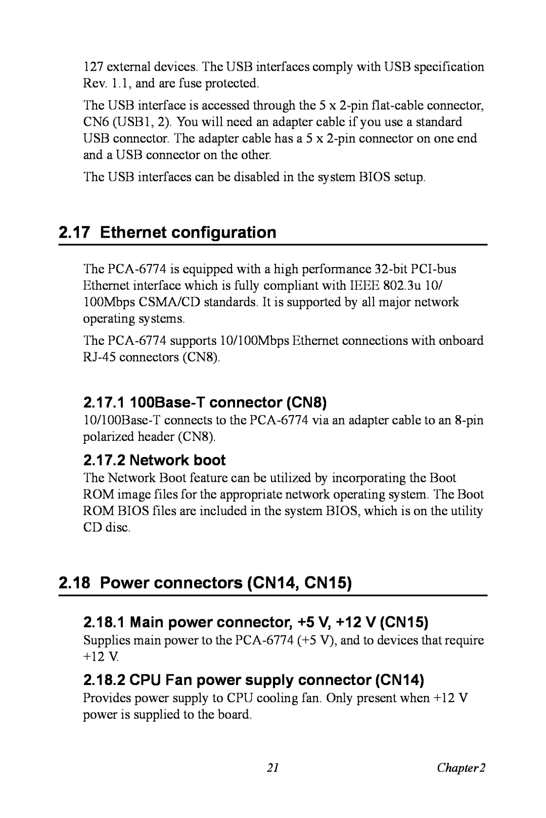 Advantech PCA-6774 Ethernet configuration, Power connectors CN14, CN15, 2.17.1 100Base-T connector CN8, Network boot 