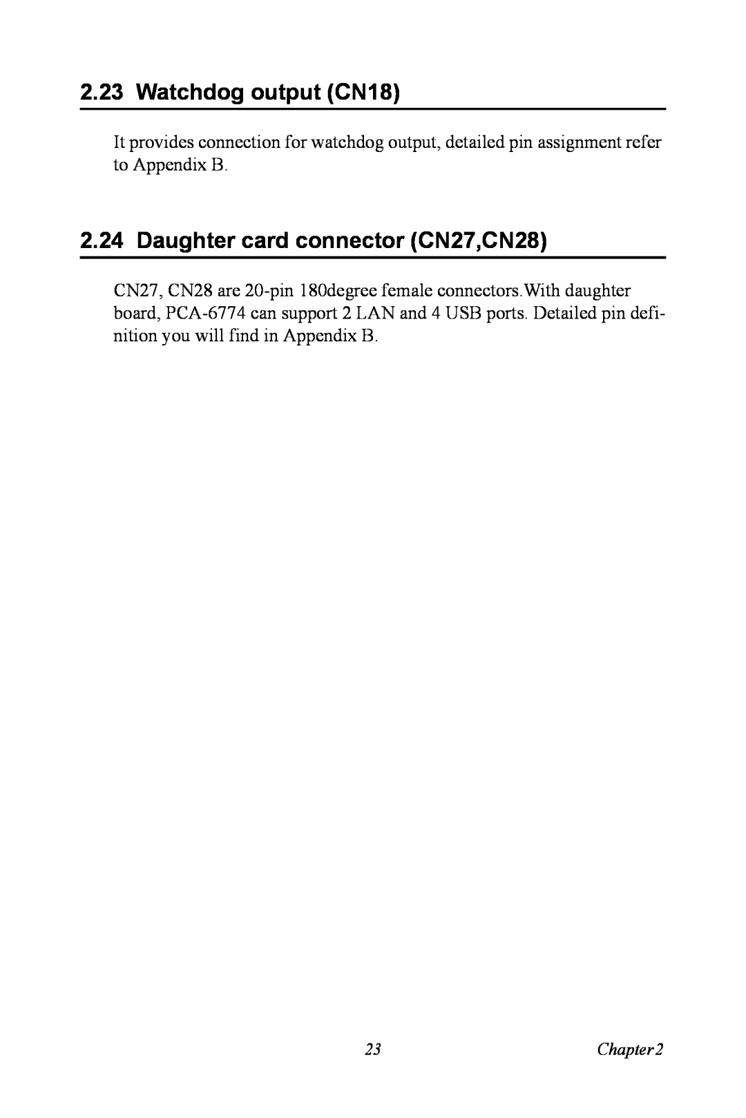Advantech PCA-6774 user manual Watchdog output CN18, Daughter card connector CN27,CN28 