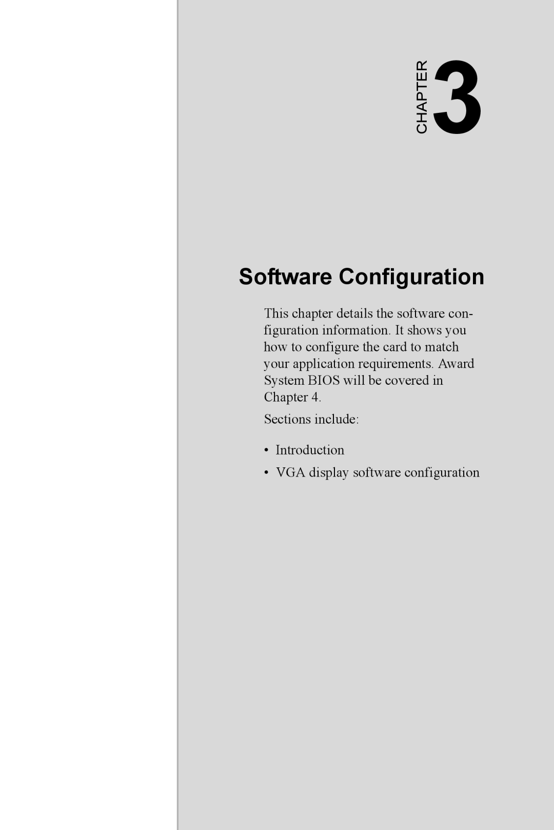 Advantech PCA-6774 Software Configuration, Chapter, Sections include Introduction VGA display software configuration 
