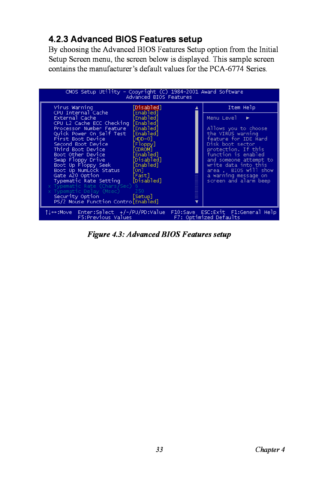 Advantech PCA-6774 user manual 3 Advanced BIOS Features setup, Chapter 