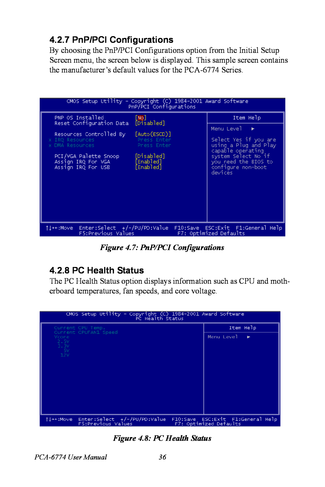 Advantech PCA-6774 user manual 4.2.7 PnP/PCI Configurations, 8 PC Health Status 