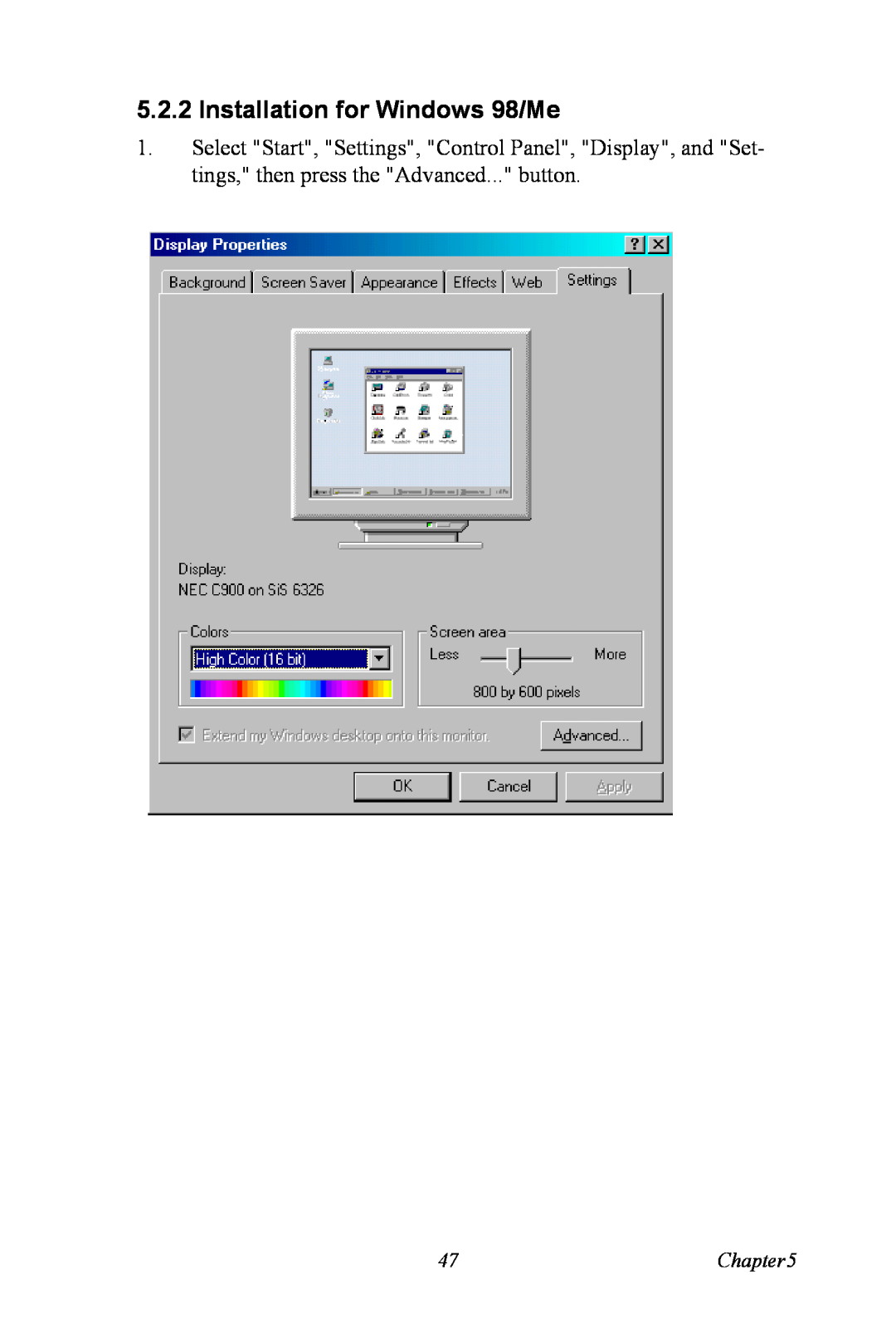 Advantech PCA-6774 user manual Installation for Windows 98/Me 