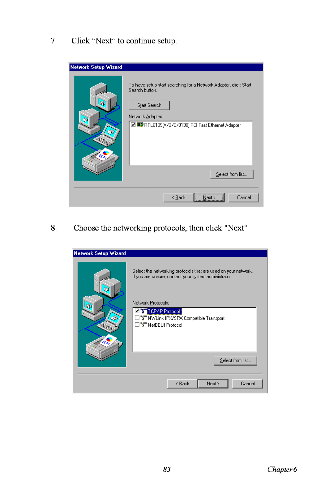 Advantech PCA-6774 user manual Click “Next” to continue setup, Choose the networking protocols, then click Next 