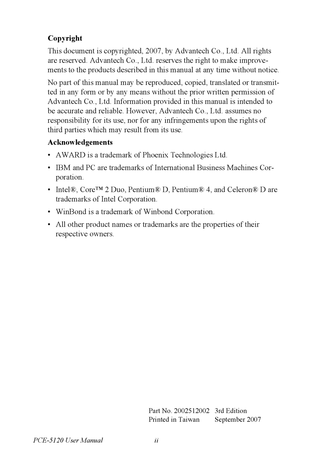 Advantech PCE-5120 user manual Copyright Acknowledgements 