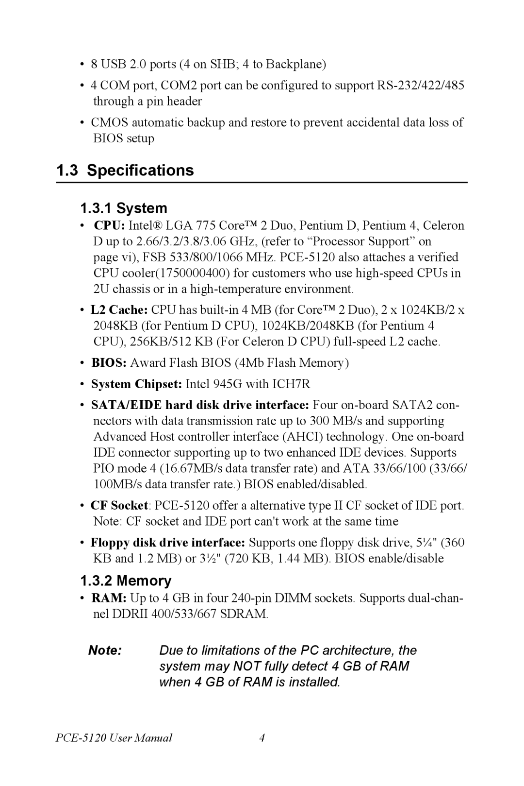 Advantech PCE-5120 user manual Specifications, System, Memory 