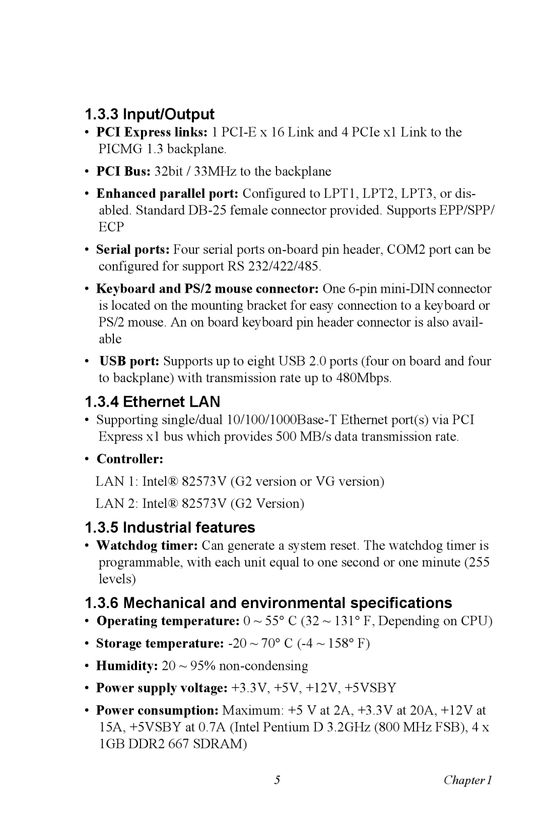 Advantech PCE-5120 user manual Input/Output, Ethernet LAN, Industrial features, Mechanical and environmental specifications 