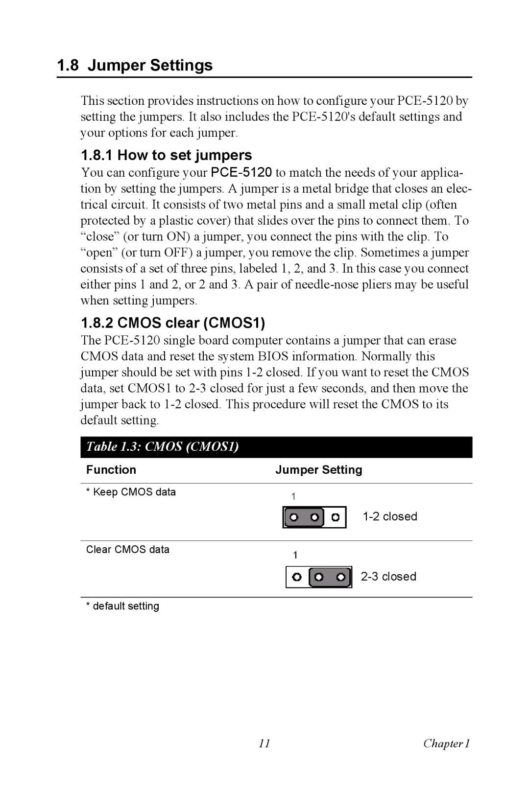 Advantech PCE-5120 user manual Jumper Settings, How to set jumpers, Cmos clear CMOS1, Function Jumper Setting 