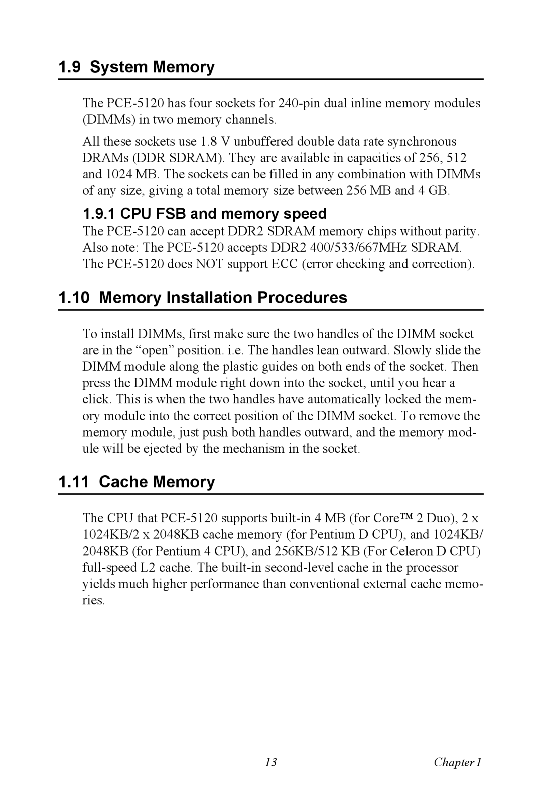 Advantech PCE-5120 user manual System Memory, Memory Installation Procedures, Cache Memory, CPU FSB and memory speed 