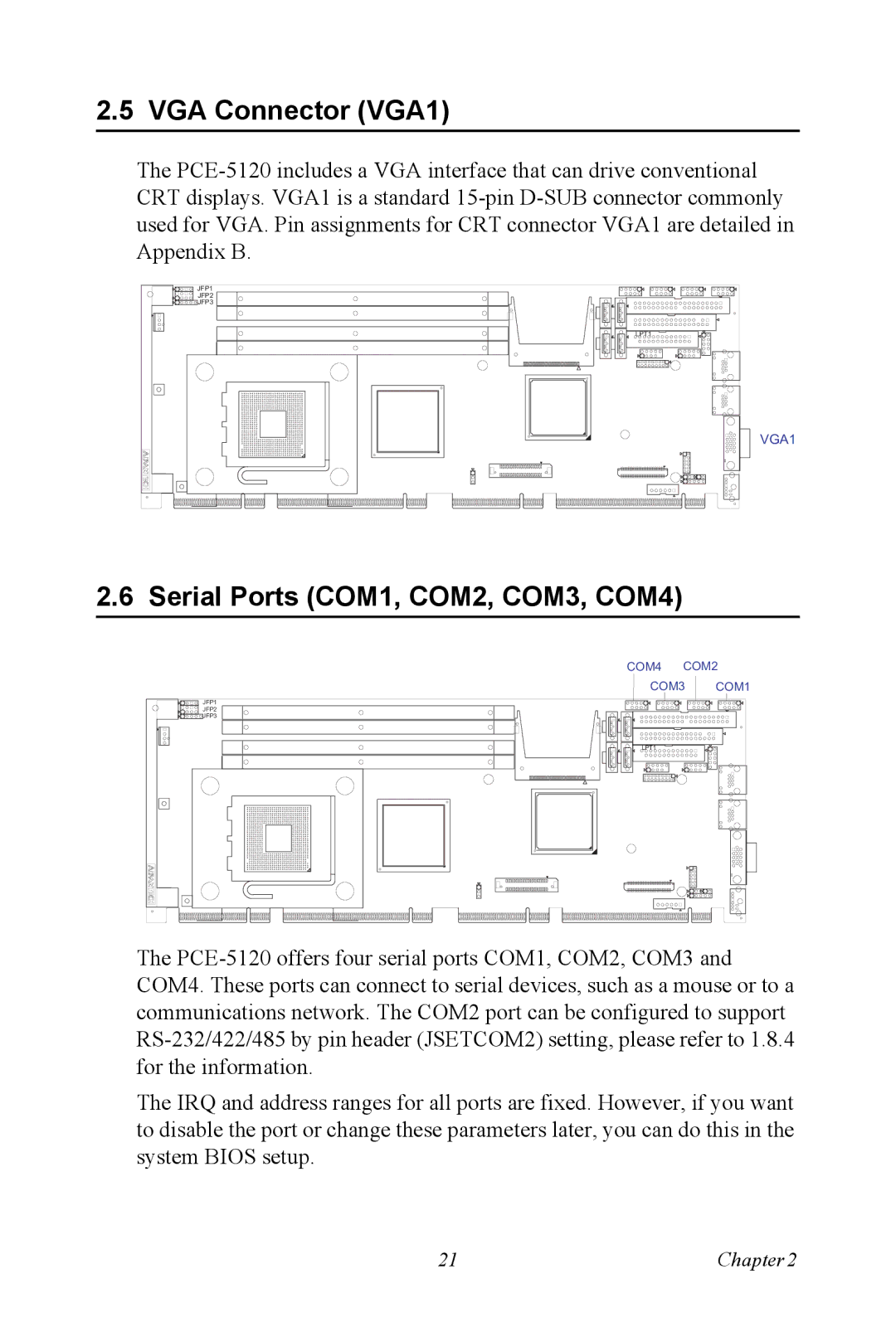 Advantech PCE-5120 user manual VGA Connector VGA1, Serial Ports COM1, COM2, COM3, COM4 