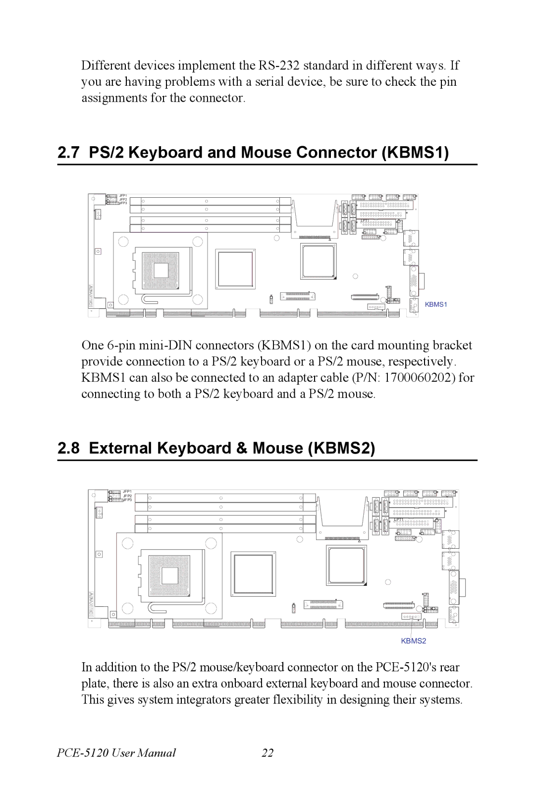 Advantech PCE-5120 user manual PS/2 Keyboard and Mouse Connector KBMS1, External Keyboard & Mouse KBMS2 