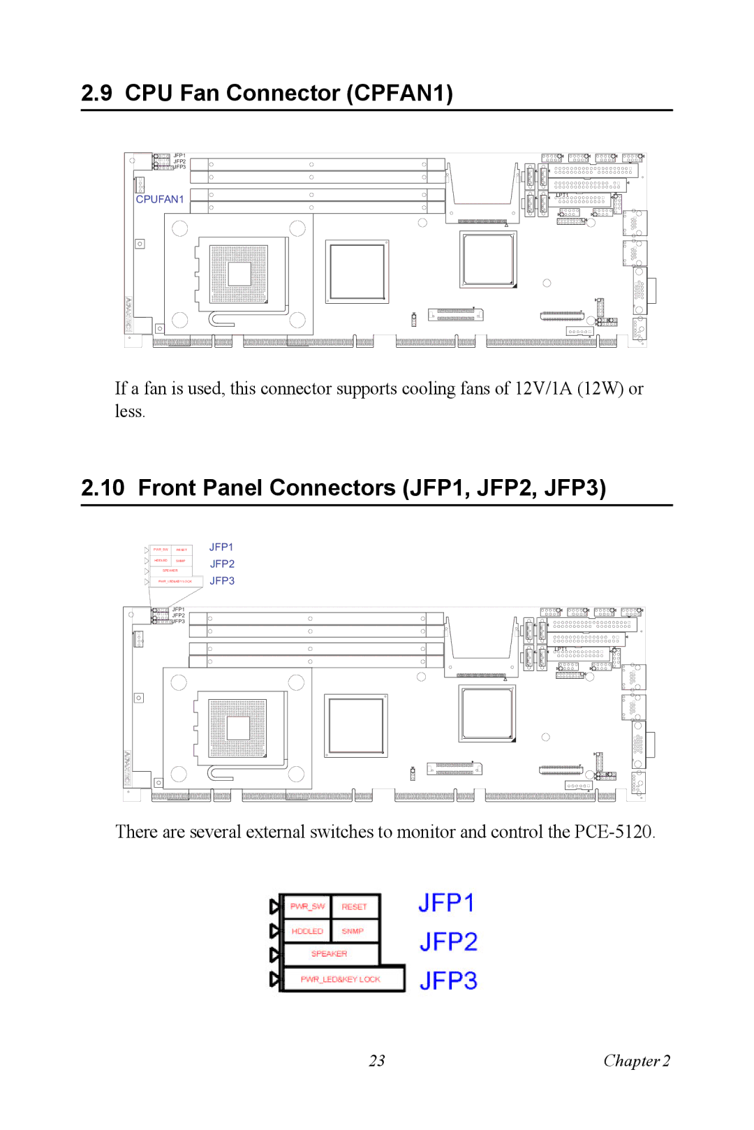 Advantech PCE-5120 user manual CPU Fan Connector CPFAN1, Front Panel Connectors JFP1, JFP2, JFP3 