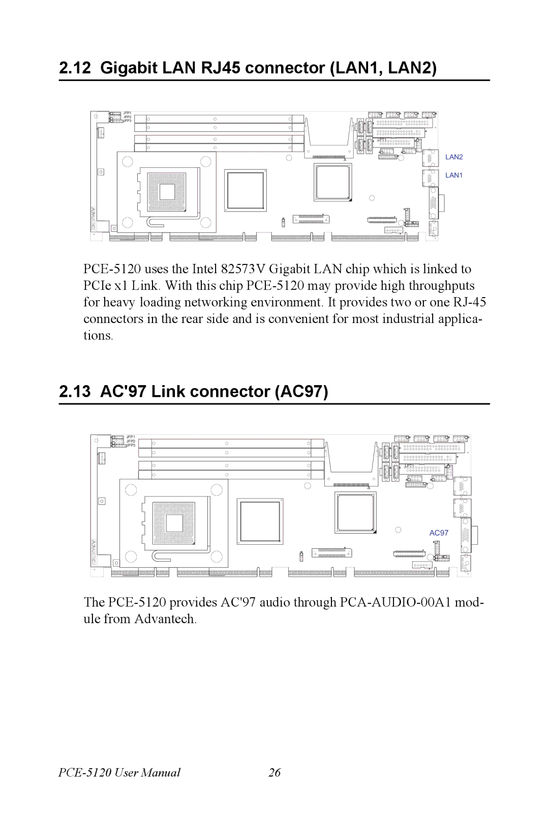 Advantech PCE-5120 user manual Gigabit LAN RJ45 connector LAN1, LAN2, 13 AC97 Link connector AC97 